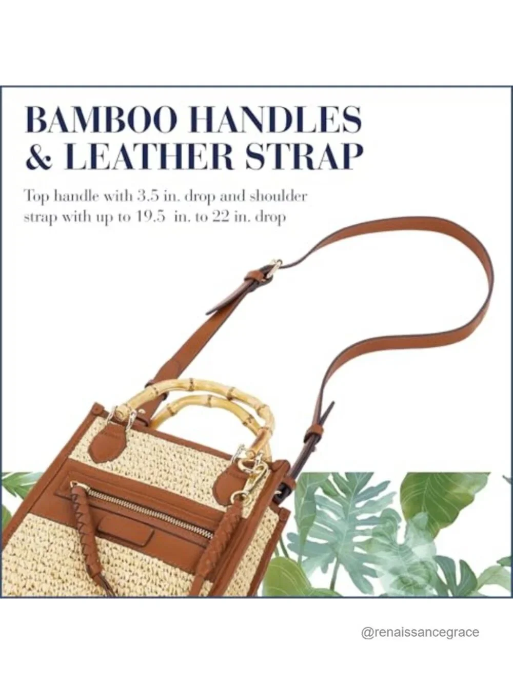 Raffia Tote Bag with Bamboo Handle, Leather Trim, Crossbody Strap